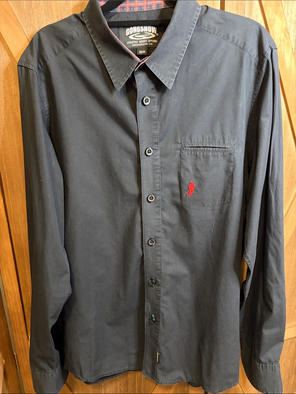 GONGSHOW Mens Black Plaid Trim Long Sleeve Hockey LogoButton Down Shirt SIZE MED